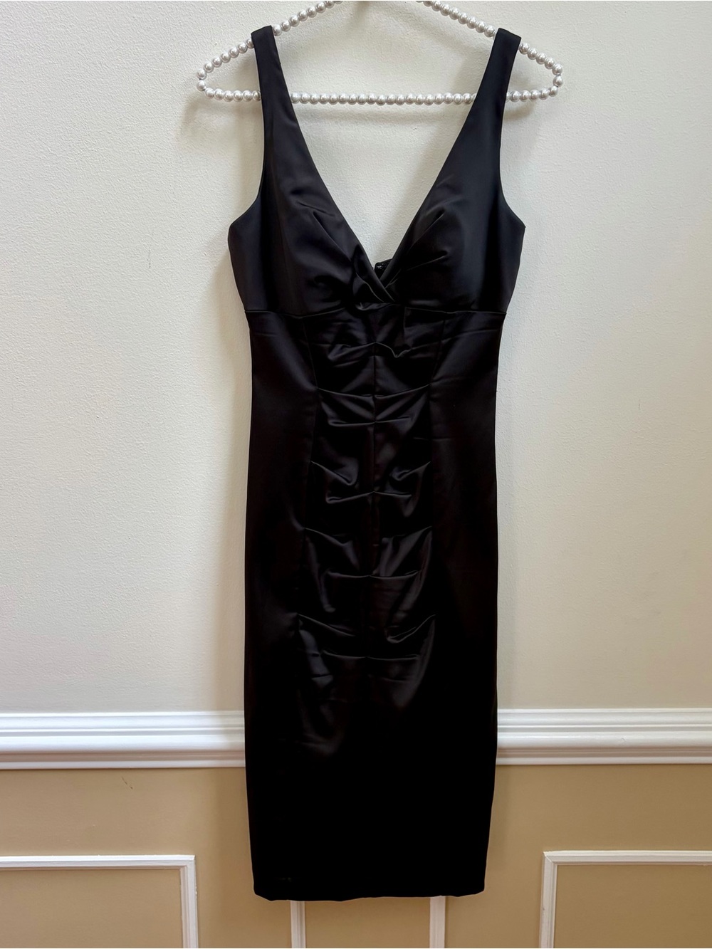 Vintage Cache Black Satin Hourglass Midi Dress with V-Neck